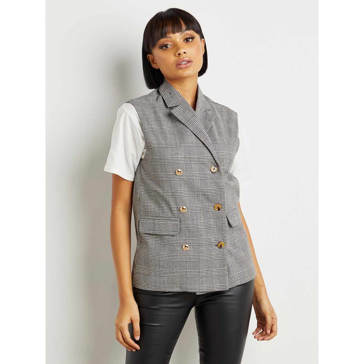 Styli Checkered Sleeveless Blazer with Button Closure-women-clothing-coatsandjackets-blazers-image-3