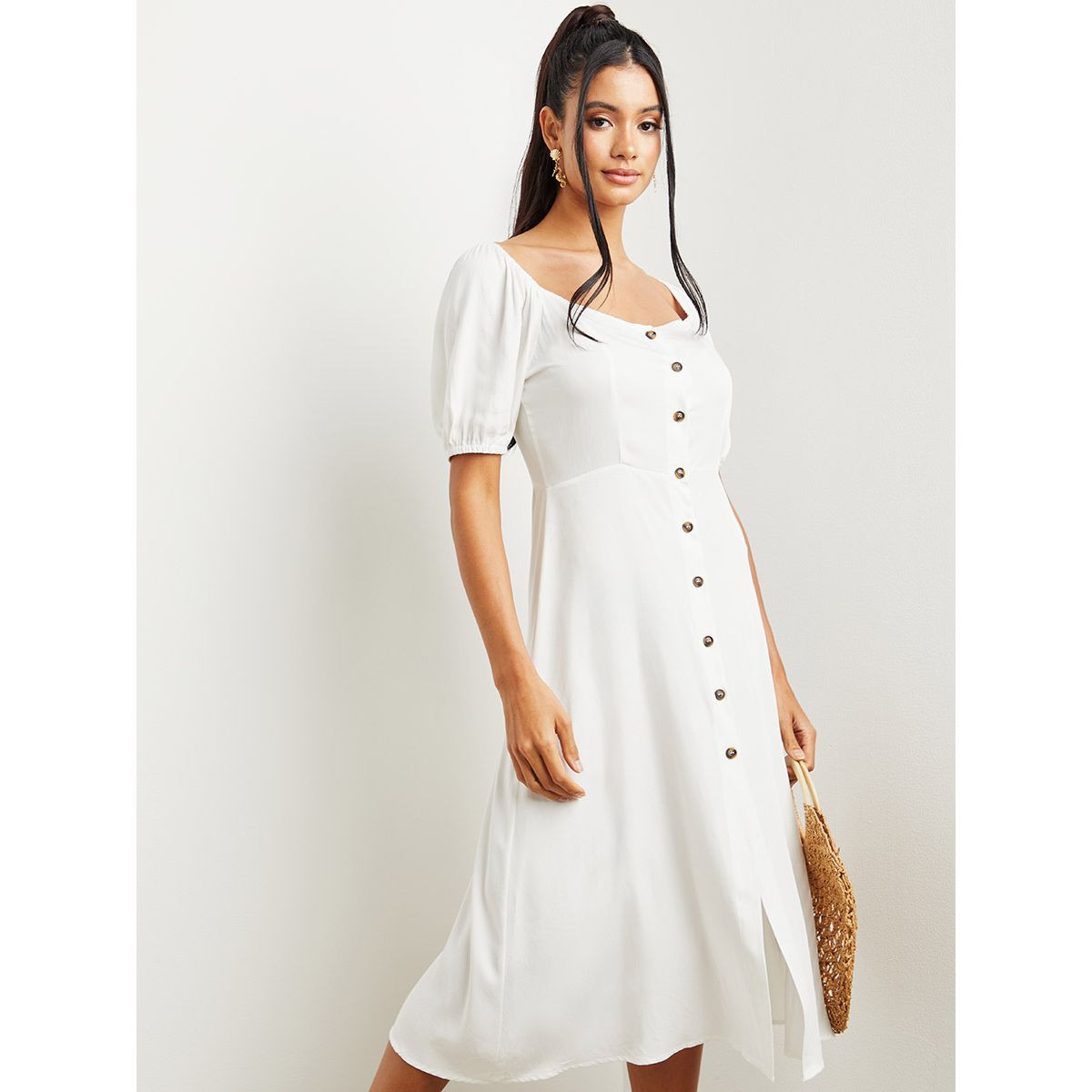 Styli Button Through Square Neck A-Line Midi Dress-women-clothing-dresses-image-1