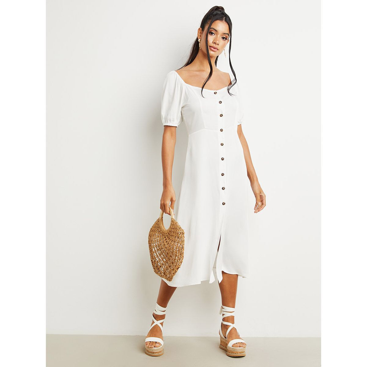 Styli Button Through Square Neck A-Line Midi Dress-women-clothing-dresses-image-3