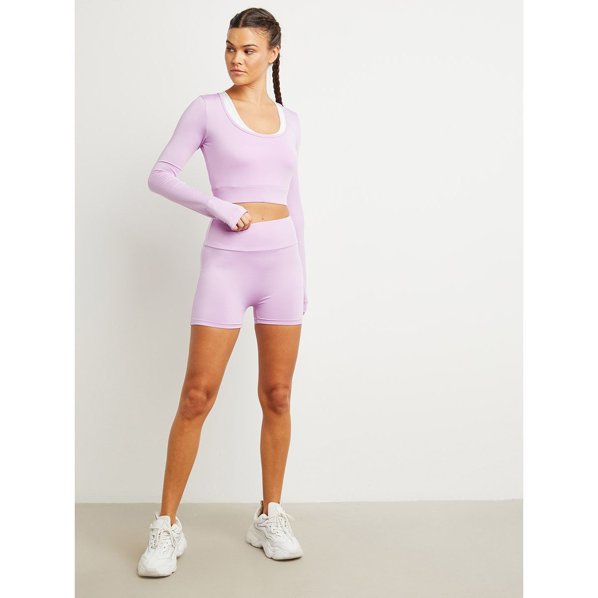 Styli Scoop Neck Long Sleeves Top and Cycling Shorts Active Set-sports-women-clothing-trackpantsandtracksuits-image-2