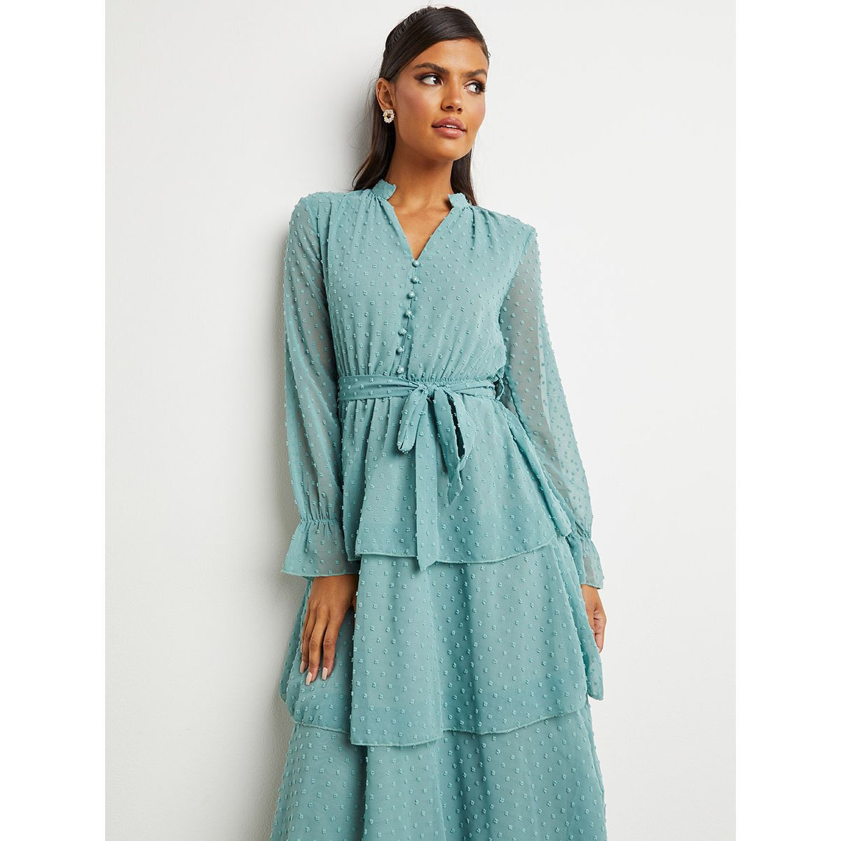 Styli Dobby Spot Layered Maxi Dress with Tie Belt-women-clothing-dresses-image-2