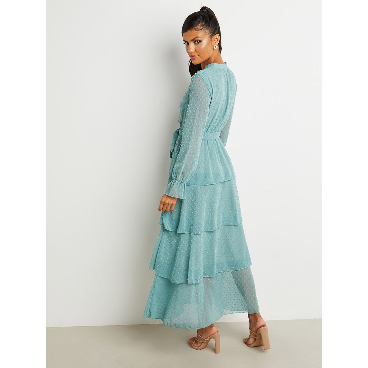 Styli Dobby Spot Layered Maxi Dress with Tie Belt-women-clothing-dresses-image-6