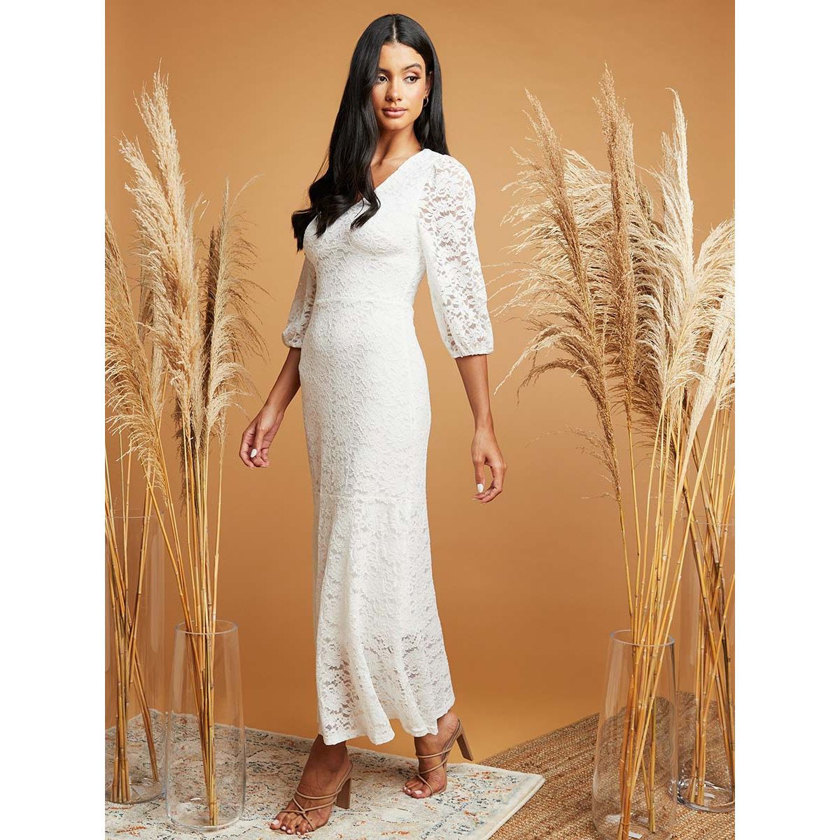 Styli V Neck 3/4 Sleeves Lace Overlay Maxi Dress-women-clothing-dresses-image-1