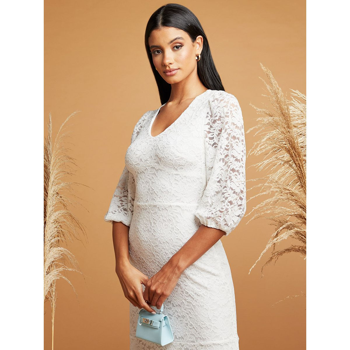 Styli V Neck 3/4 Sleeves Lace Overlay Maxi Dress-women-clothing-dresses-image-2