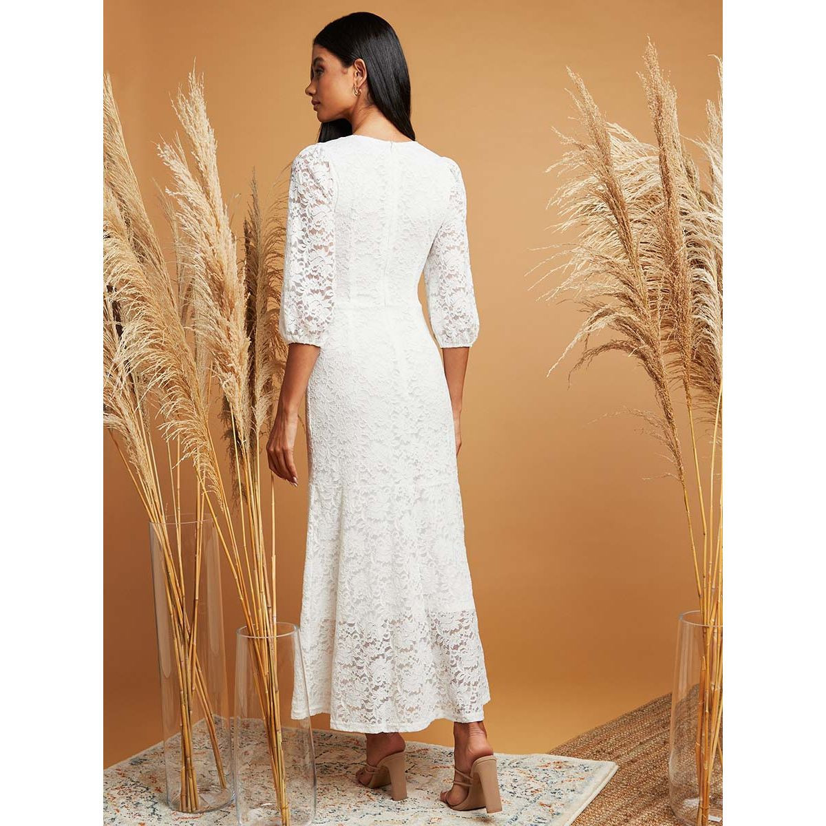 Styli V Neck 3/4 Sleeves Lace Overlay Maxi Dress-women-clothing-dresses-image-4