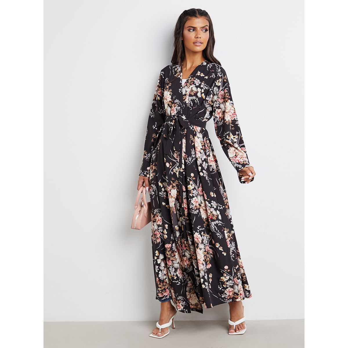 Styli Floral Print Self Tie Belt Abaya-women-arabicclothing-abayas-image-1