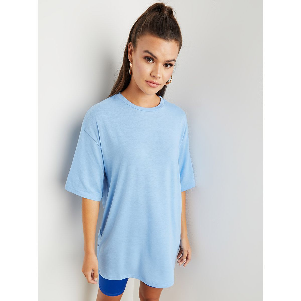 Styli Round Neck Oversized T-shirt with Short Sleeves-women-clothing-tshirts-image-1