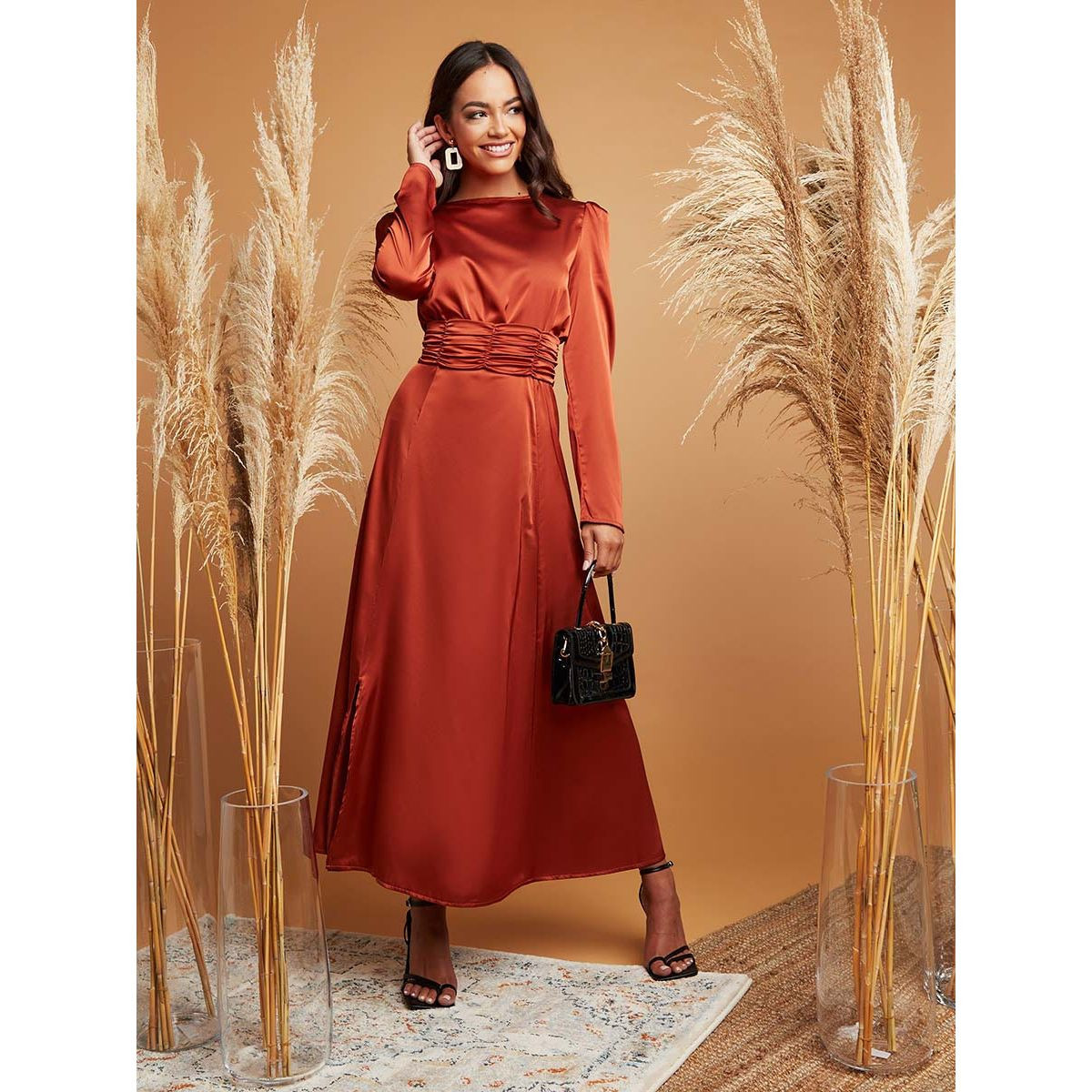 Styli Ruched Detail Maxi Dress with Long Sleeves-women-clothing-dresses-image-1