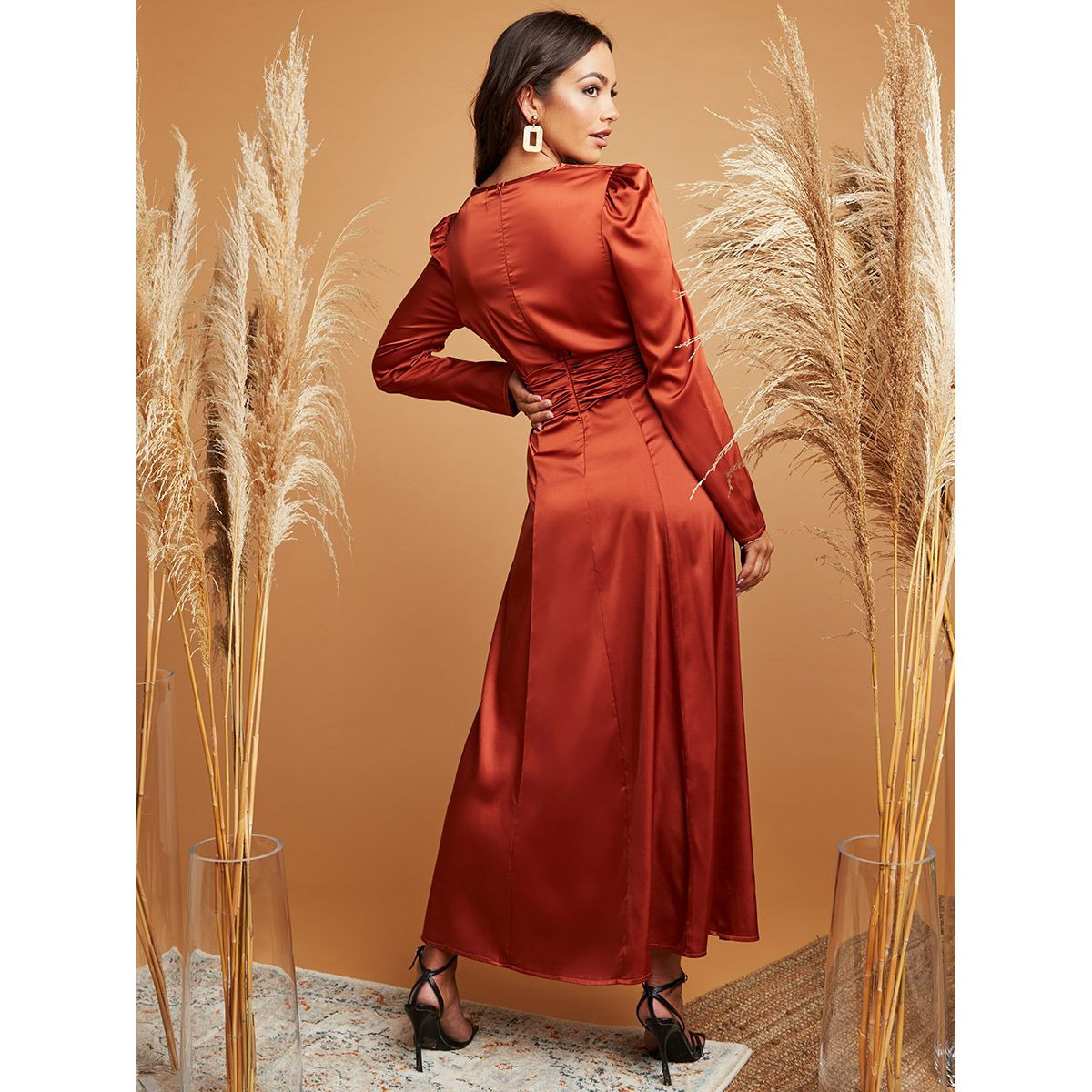 Styli Ruched Detail Maxi Dress with Long Sleeves-women-clothing-dresses-image-2