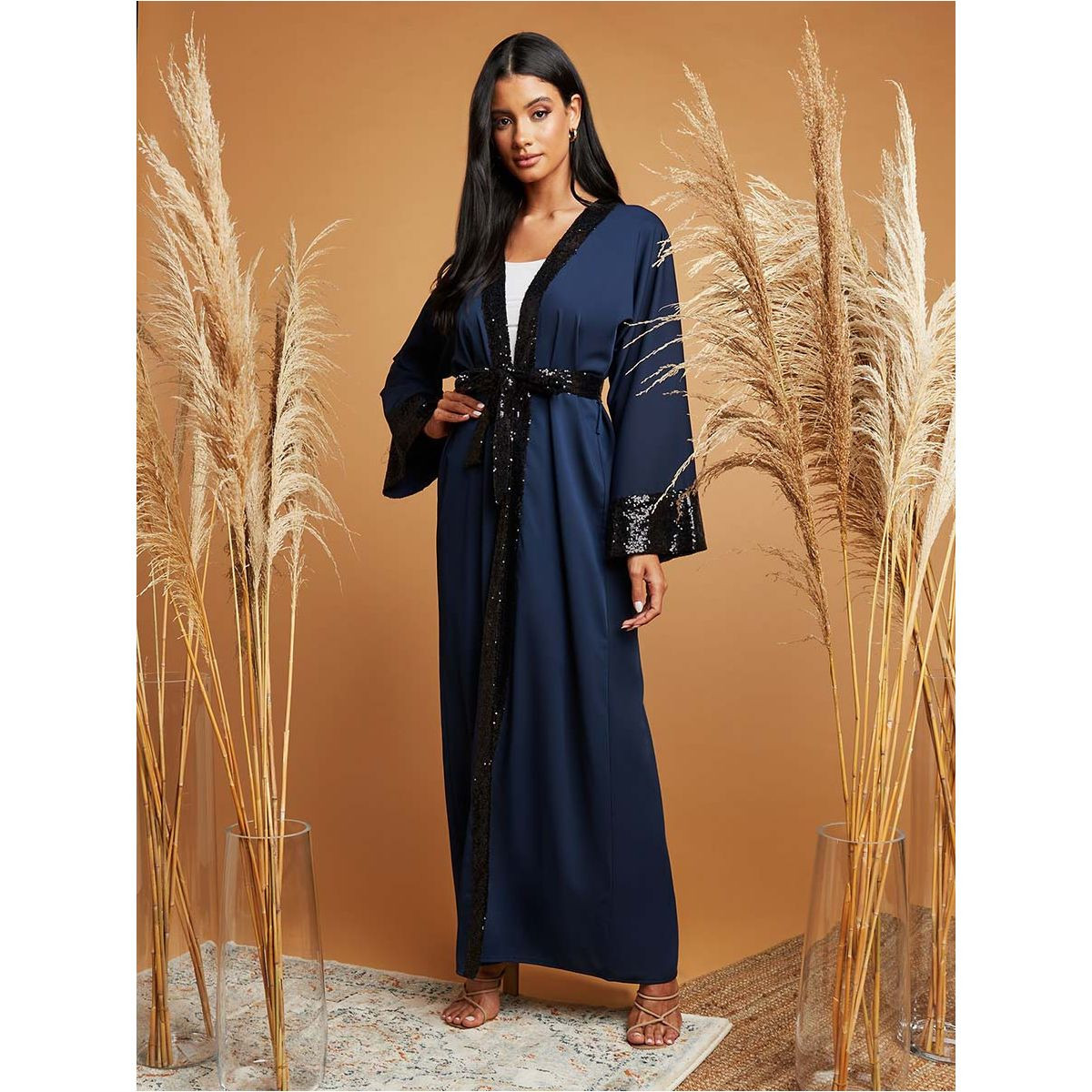 Styli Sequin Trim Detail Self Tie Belt Abaya-women-arabicclothing-abayas-image-1