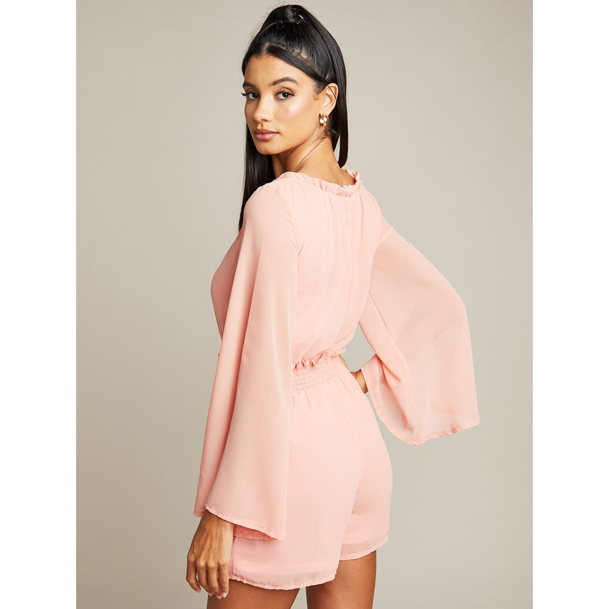 Styli Flute Sleeves Tie-Up Neck Romper-women-clothing-jumpsuits-image-3
