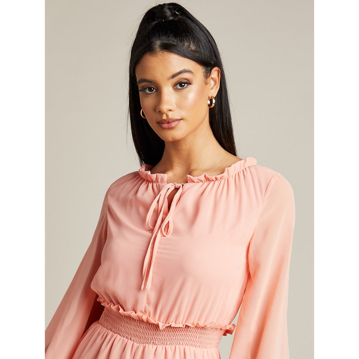 Styli Flute Sleeves Tie-Up Neck Romper-women-clothing-jumpsuits-image-5