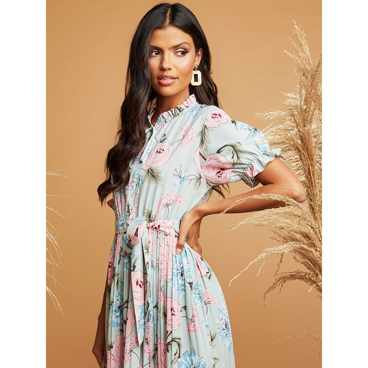 Styli Pleated Floral Print Maxi Dress with Tie Belt-women-clothing-dresses-image-2