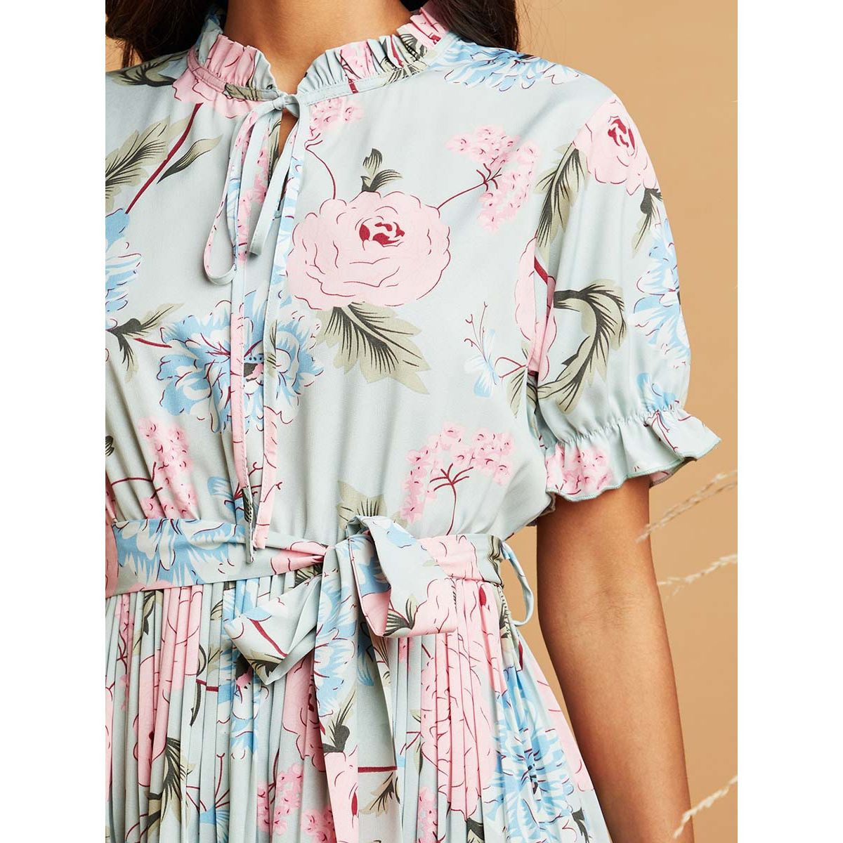 Styli Pleated Floral Print Maxi Dress with Tie Belt-women-clothing-dresses-image-4