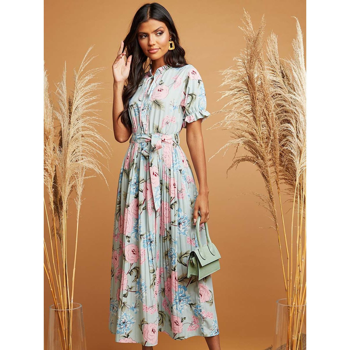 Styli Pleated Floral Print Maxi Dress with Tie Belt-women-clothing-dresses-image-5