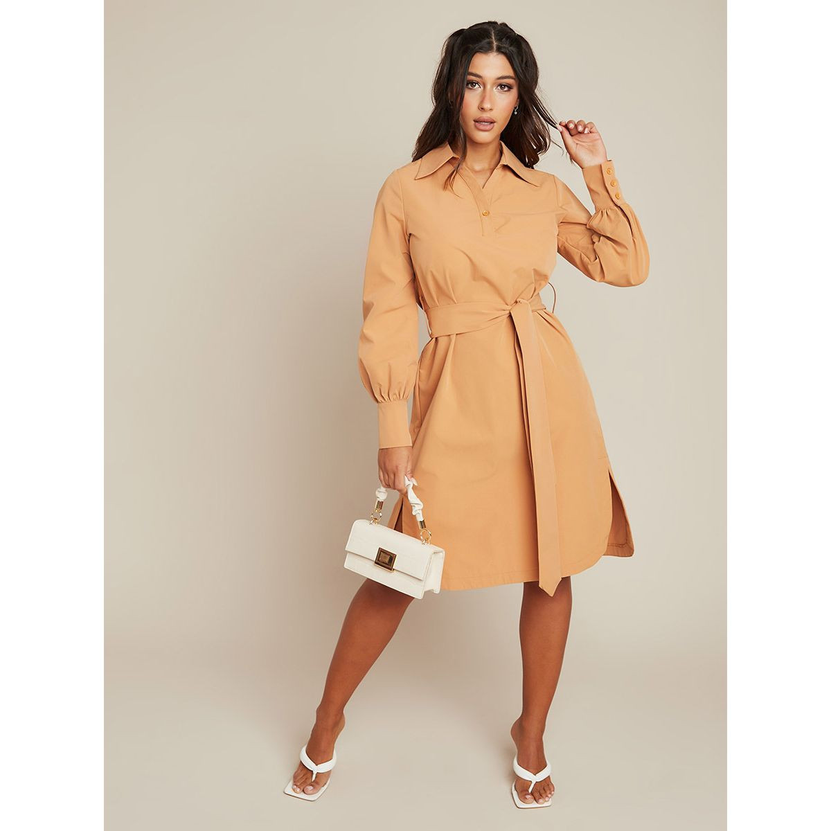 Styli Long Sleeves Split Hem Midi Dress with Tie Belt-women-clothing-dresses-image-1