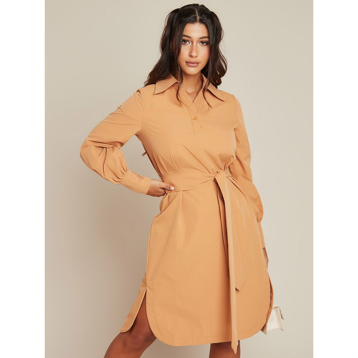 Styli Long Sleeves Split Hem Midi Dress with Tie Belt-women-clothing-dresses-image-2