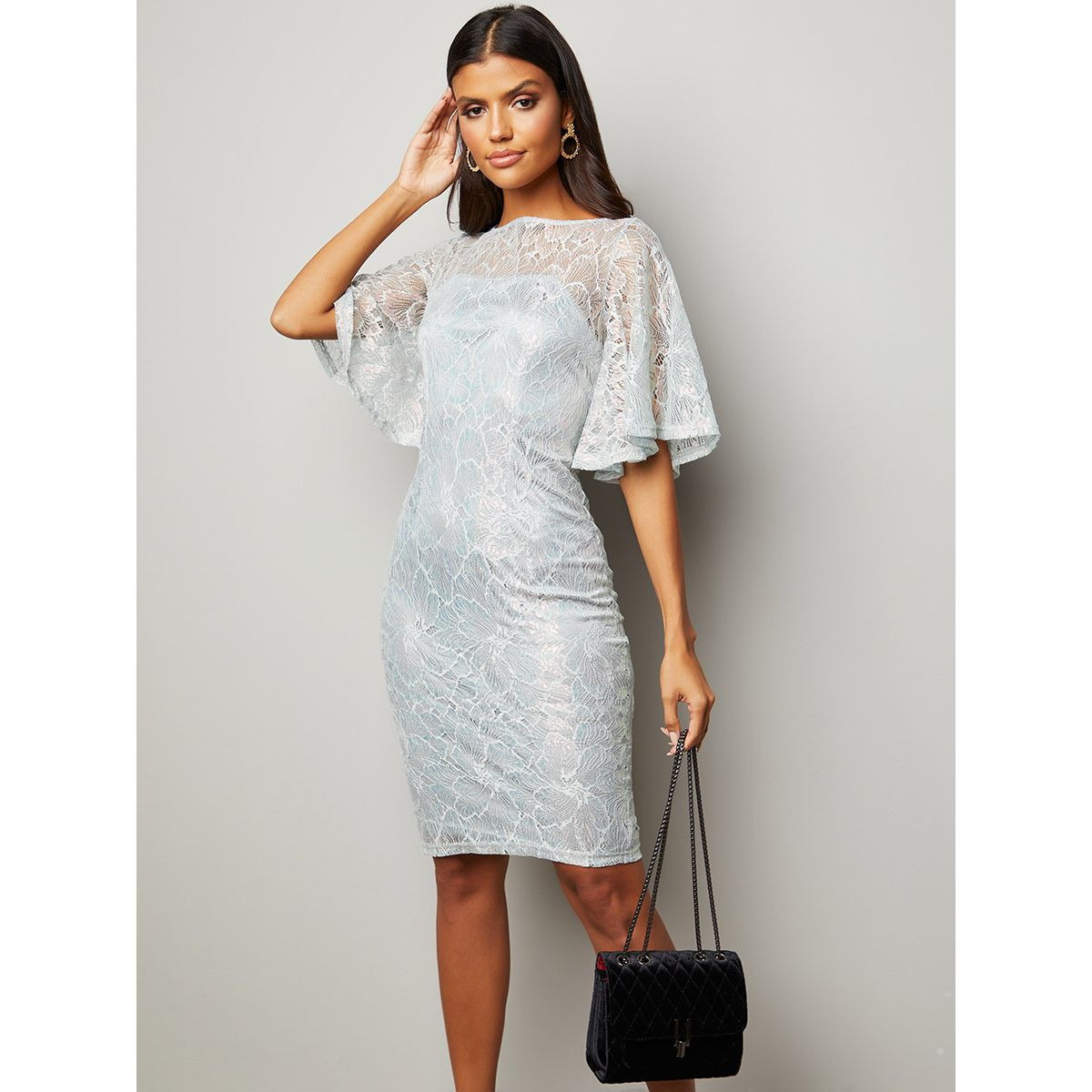Styli Lace Overlay Flute Sleeves Bodycon Knee Length Dress-women-clothing-dresses-image-6