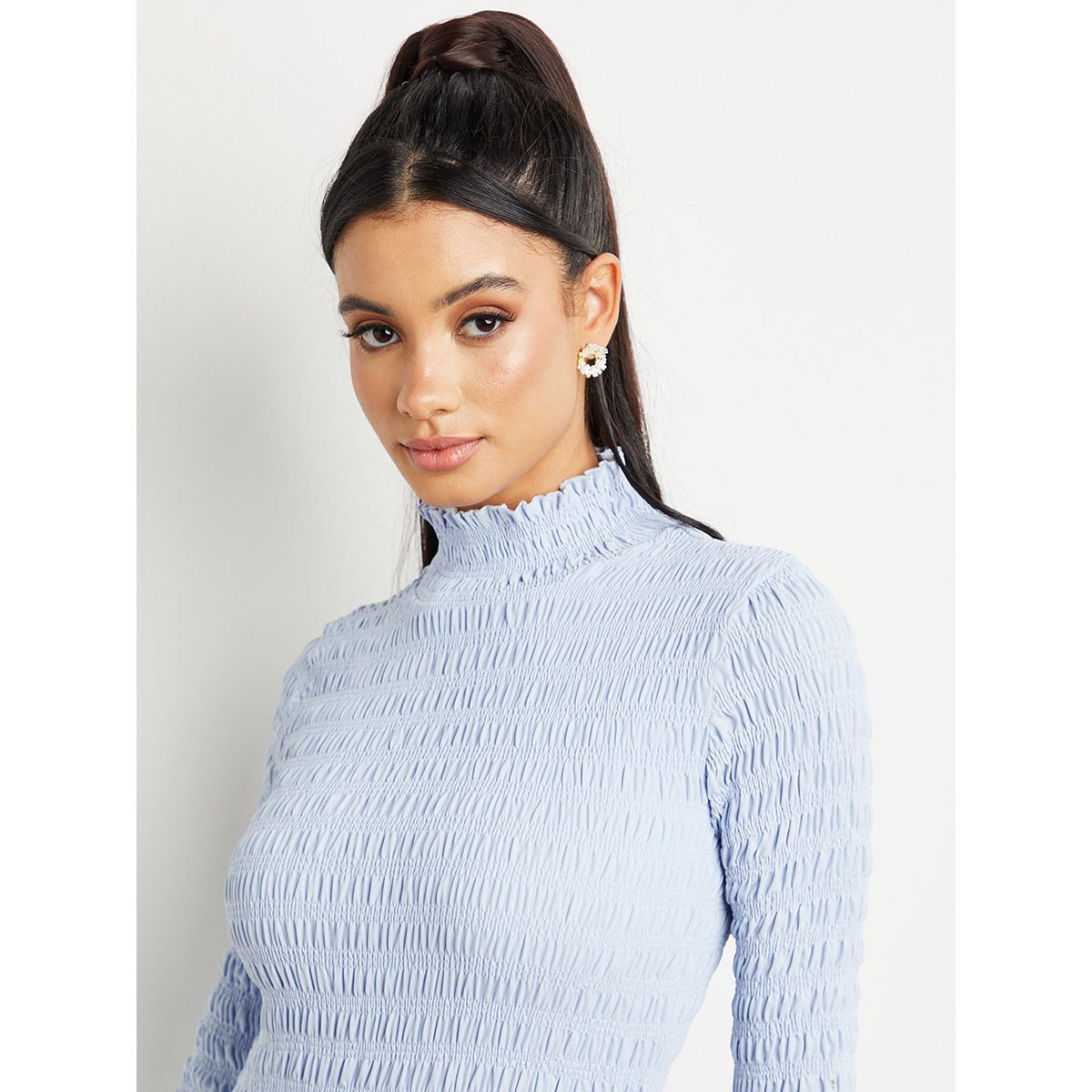 Styli High Neck Shirred Bodycon Midi Dress-women-clothing-dresses-image-4