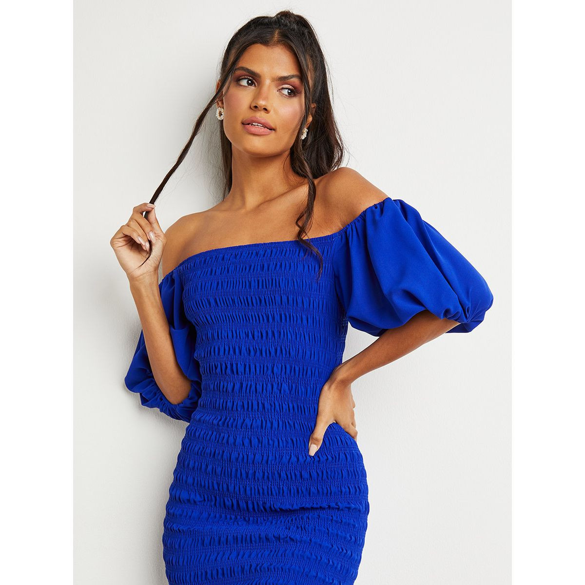Styli Bardot Shirred Bodycon Midi Dress-women-clothing-dresses-image-2