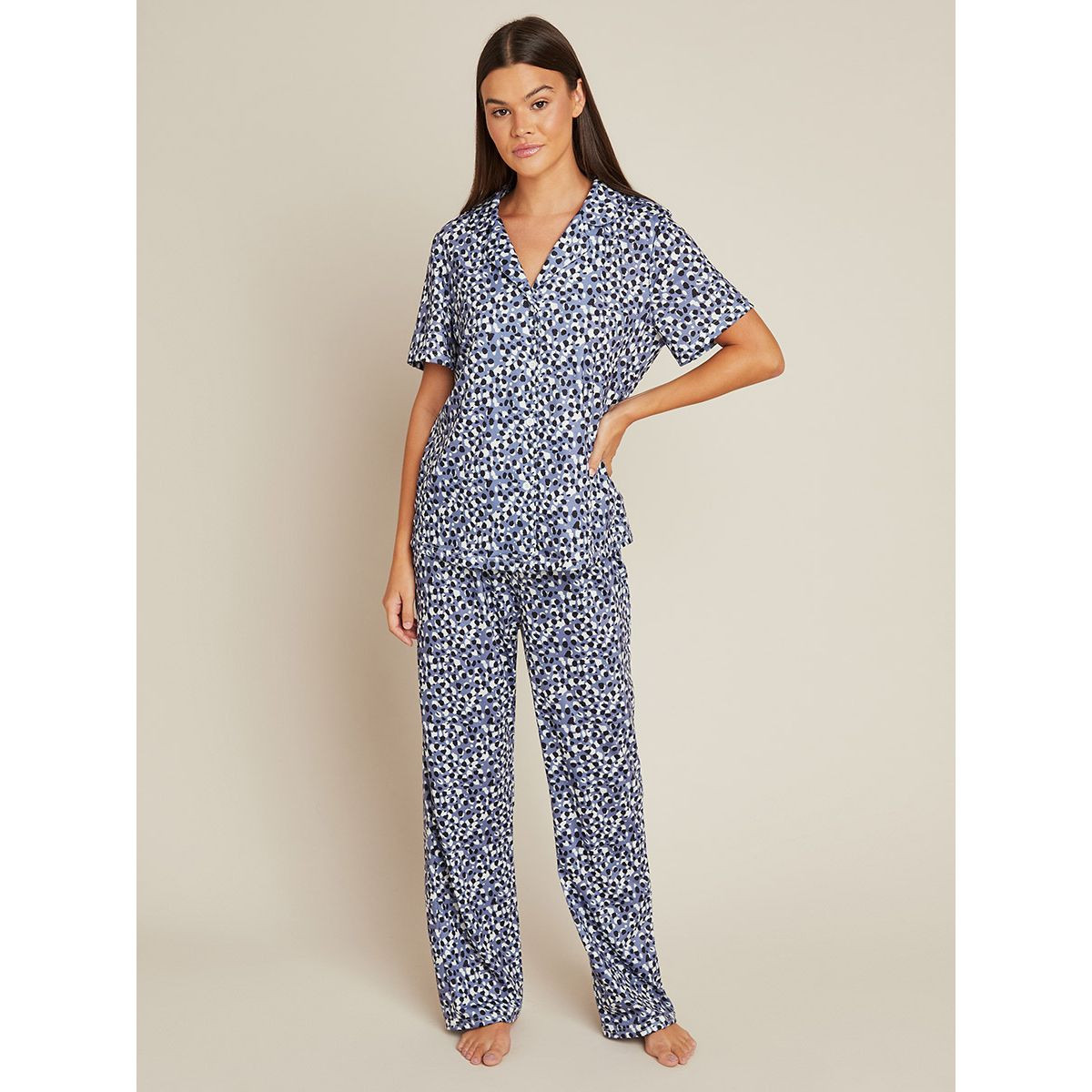 Styli Sketchy Spot Button Through Satin Shirt and Pyjama Set-women-clothing-nightwear-pyjamas-longsets-image-1