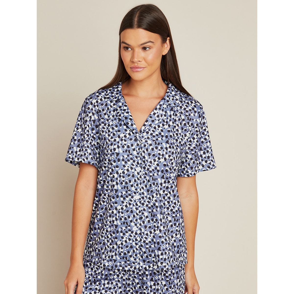 Styli Sketchy Spot Button Through Satin Shirt and Pyjama Set-women-clothing-nightwear-pyjamas-longsets-image-2