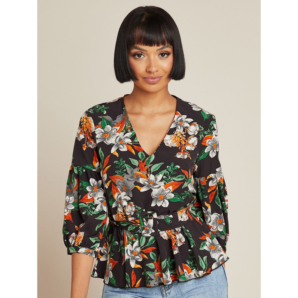 Styli Floral Print Peplum Blouse with Belt-women-clothing-shirtsandblouses-blouses-image-1
