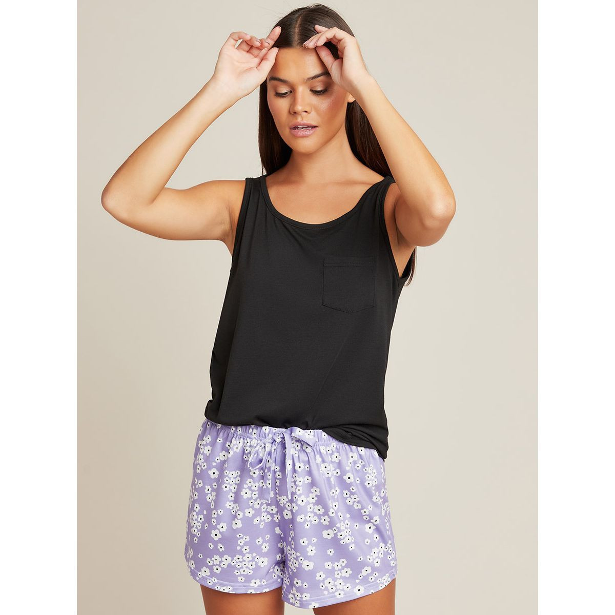 Styli Solid Pocket Detail Vest and Ditsy Floral Shorts Set-women-clothing-nightwear-pyjamas-longsets-image-1