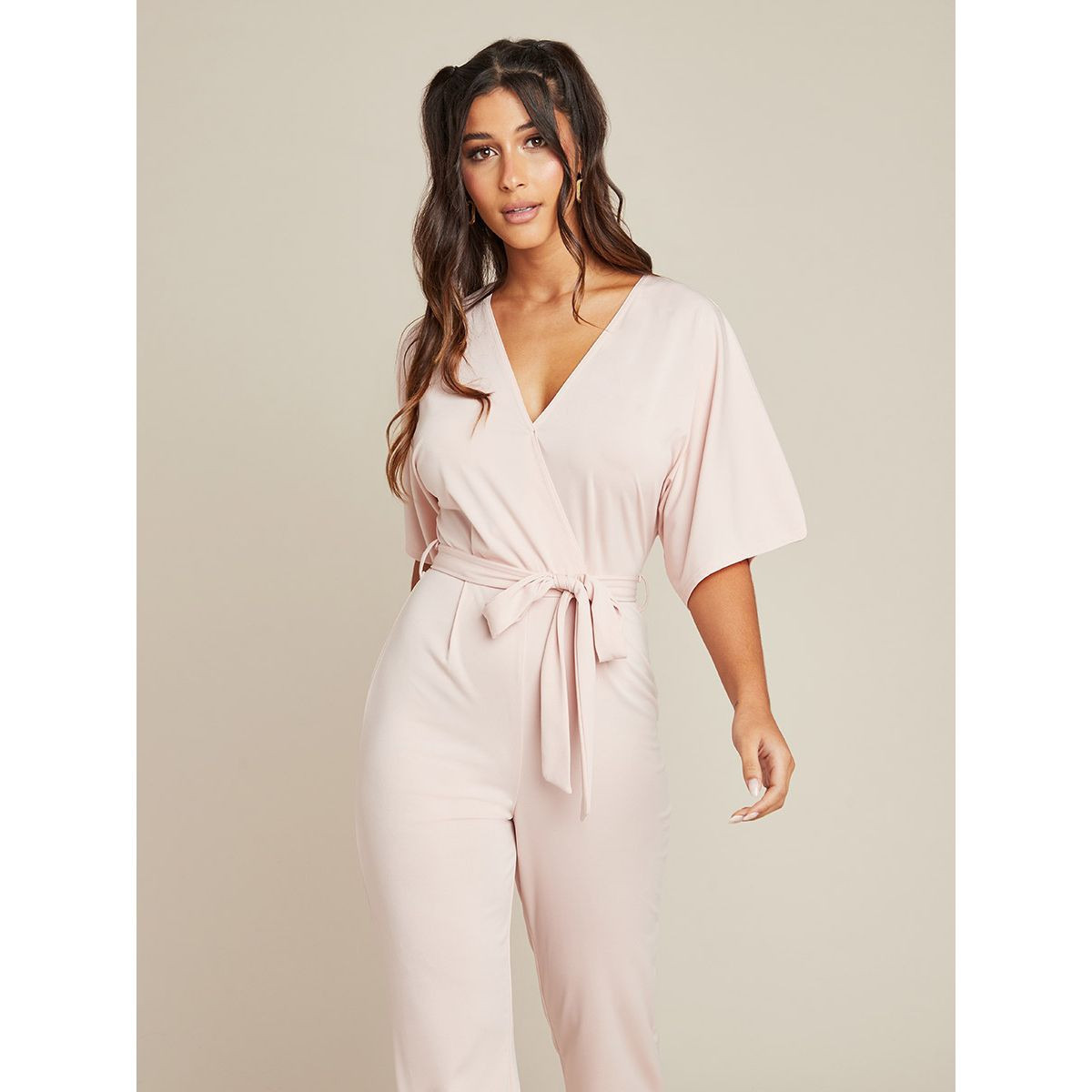 Styli Wrap Style V Neck Straight Leg Jumpsuit with Short Sleeves-women-clothing-jumpsuits-image-2