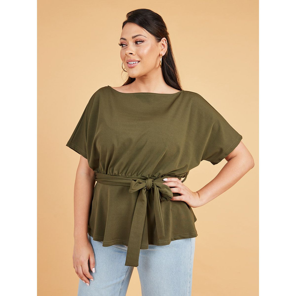 Styli Plus Drop Shoulder Boat Neck Top with Tie Belt-women-clothing-shirtsandblouses-blouses-image-3