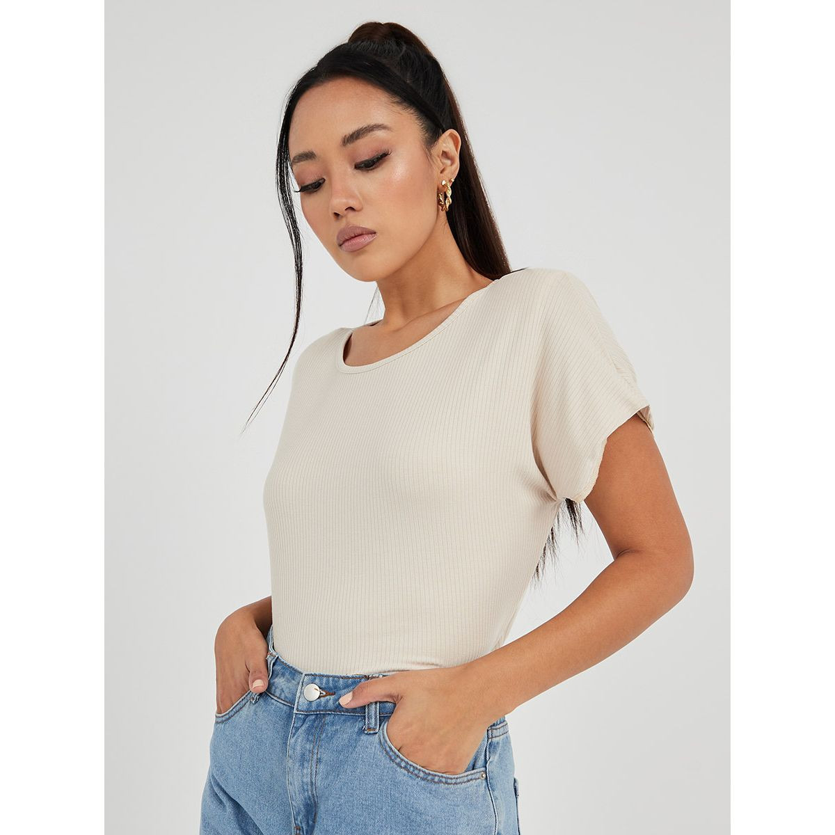 Styli Short Sleeves Wide Pad Shoulder Ribbed Boxy T-shirt-women-clothing-tshirts-image-1