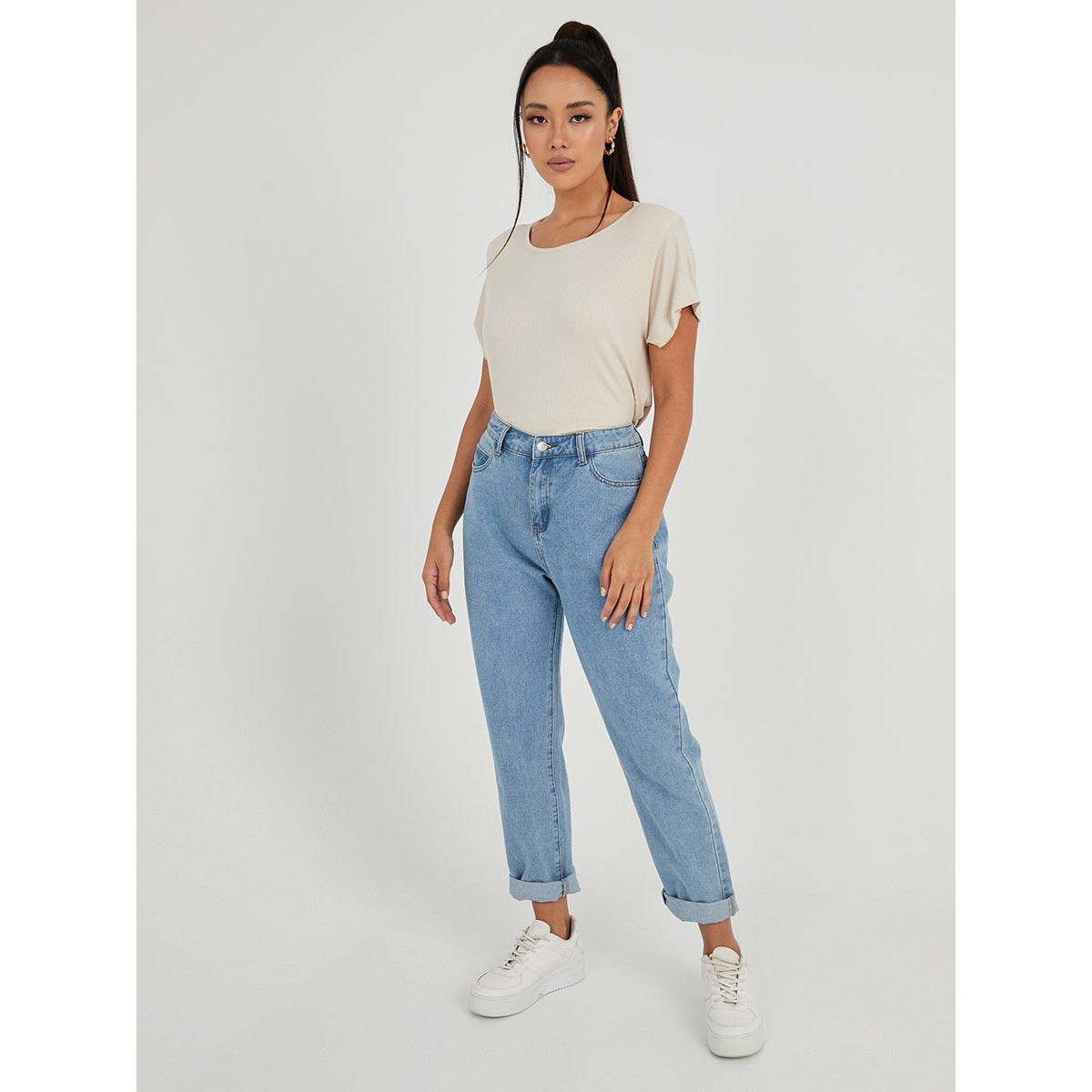Styli Short Sleeves Wide Pad Shoulder Ribbed Boxy T-shirt-women-clothing-tshirts-image-2