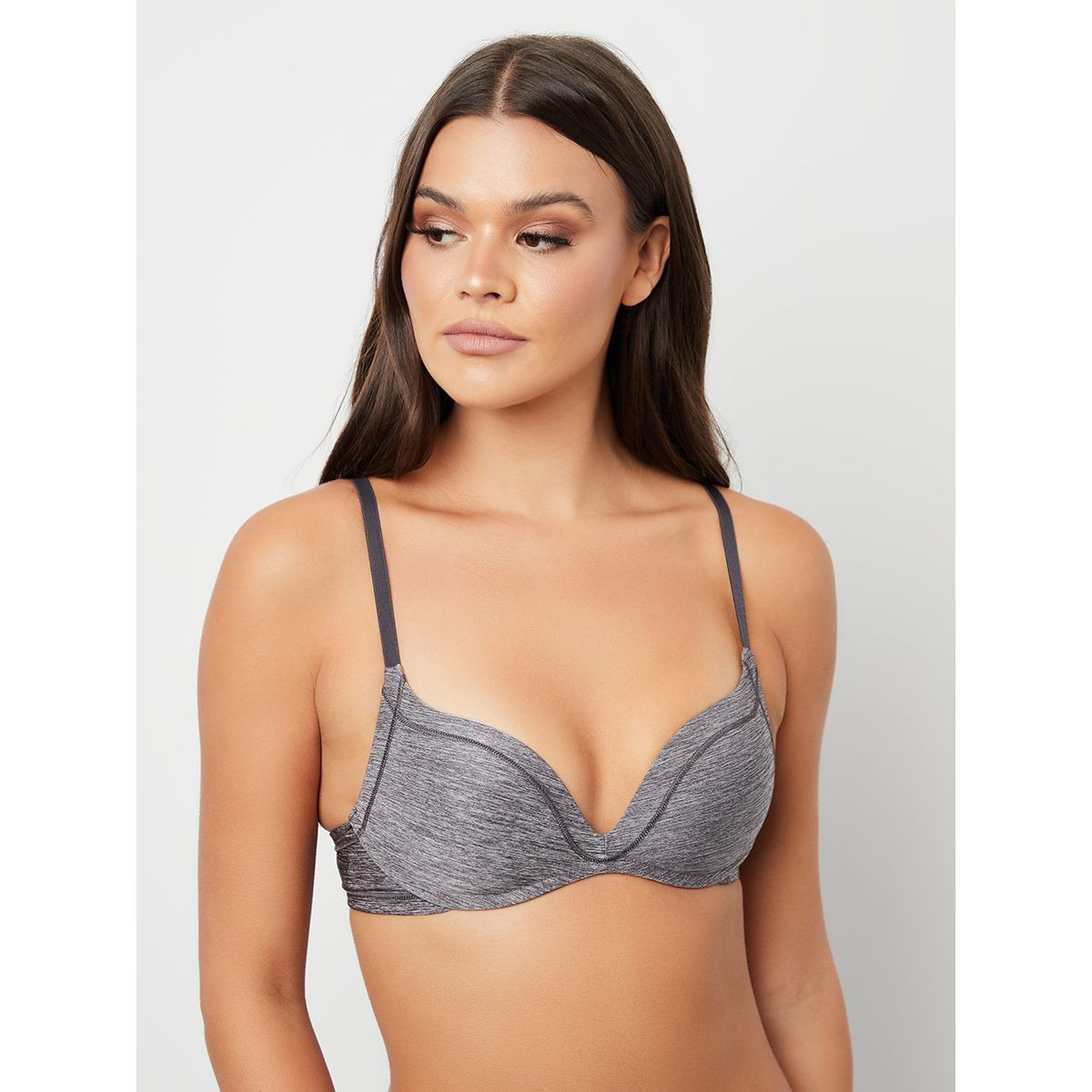 Styli Padded Non Wired Melange Effect Contrast Piping Detail Plunge Bra-women-clothing-lingerie-bras-image-1