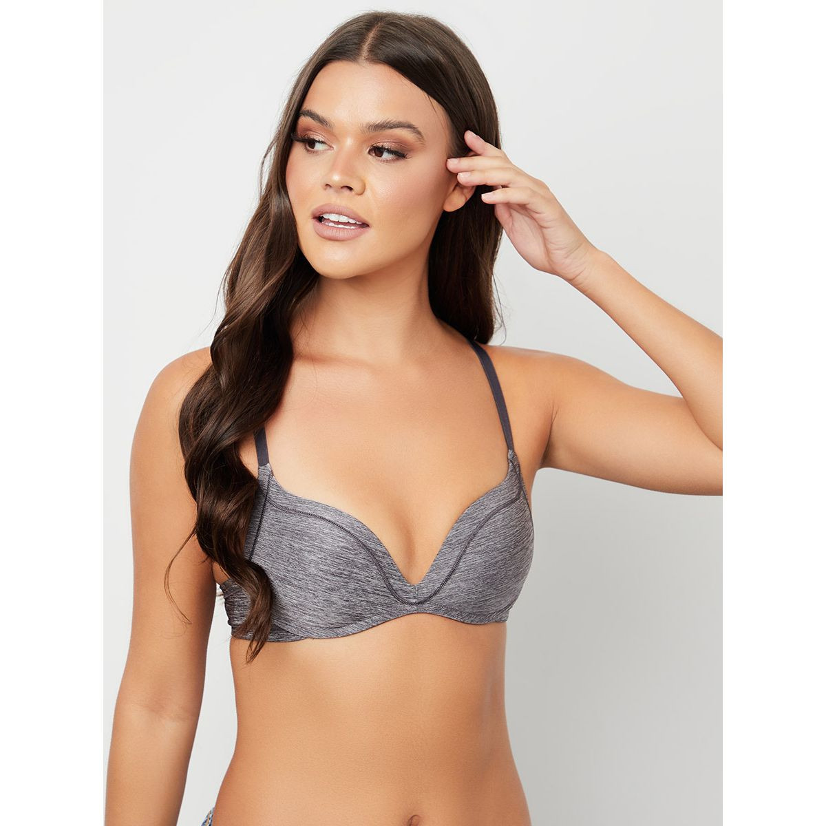 Styli Padded Non Wired Melange Effect Contrast Piping Detail Plunge Bra-women-clothing-lingerie-bras-image-2