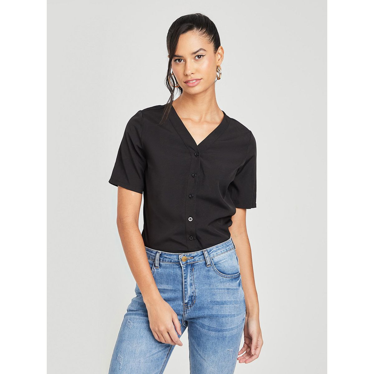 Styli Short Sleeves Button Closure Woven Regular Blouse-women-clothing-shirtsandblouses-blouses-image-1