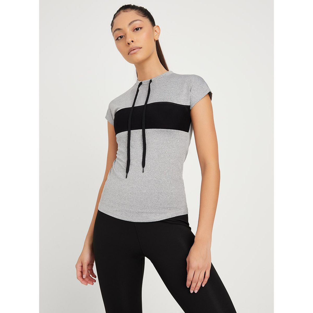 Styli Contrast Panel Drawstring Neck Detail Active T-shirt-women-clothing-sportswearandactivewear-tshirtsandvests-image-1