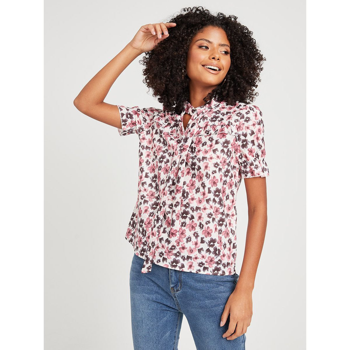 Styli Short Sleeves Tie Up Neck Floral Print Shirt-women-clothing-shirtsandblouses-blouses-image-1