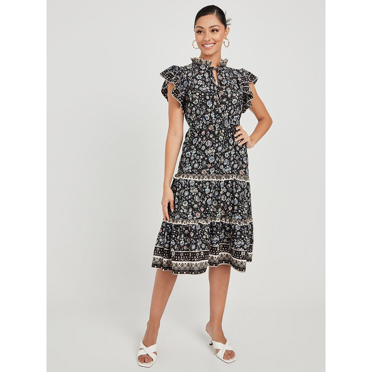 Styli Floral Print Short Ruffle Sleeves A-Line Midi Dress-women-clothing-dresses-image-2