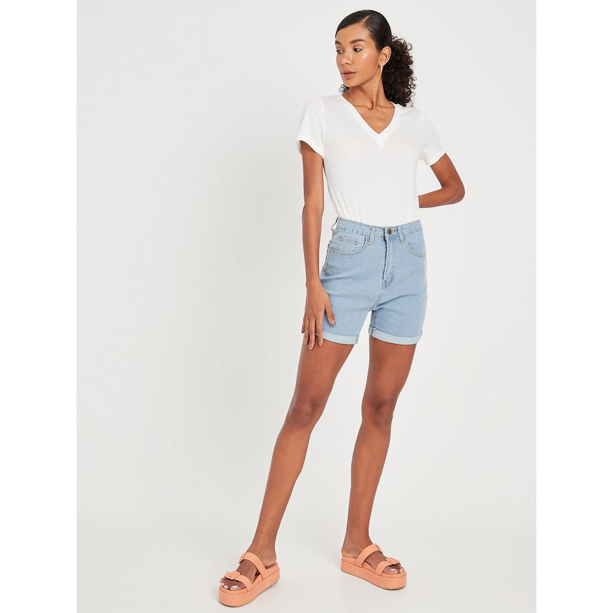 Shop Styli Turn Up Hem Denim Shorts 