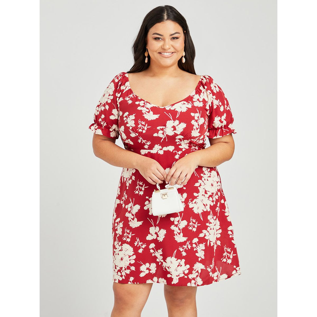 Styli Plus Short Sleeve Floral Tie Bust Detail Mini Dress-women-clothing-dresses-image-1