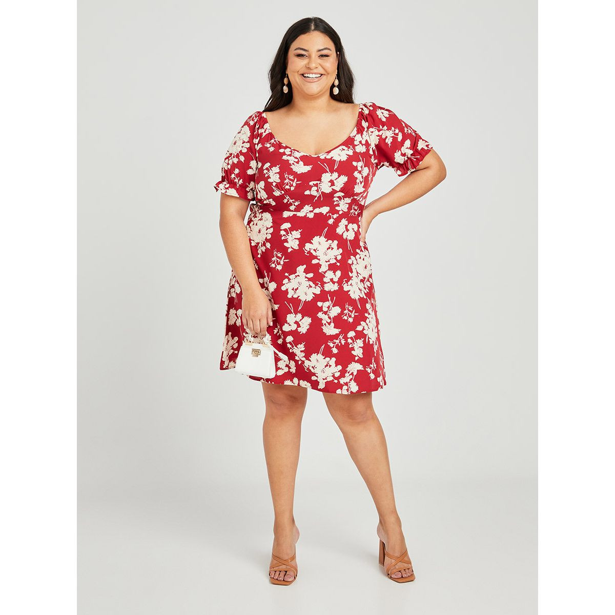 Styli Plus Short Sleeve Floral Tie Bust Detail Mini Dress-women-clothing-dresses-image-2