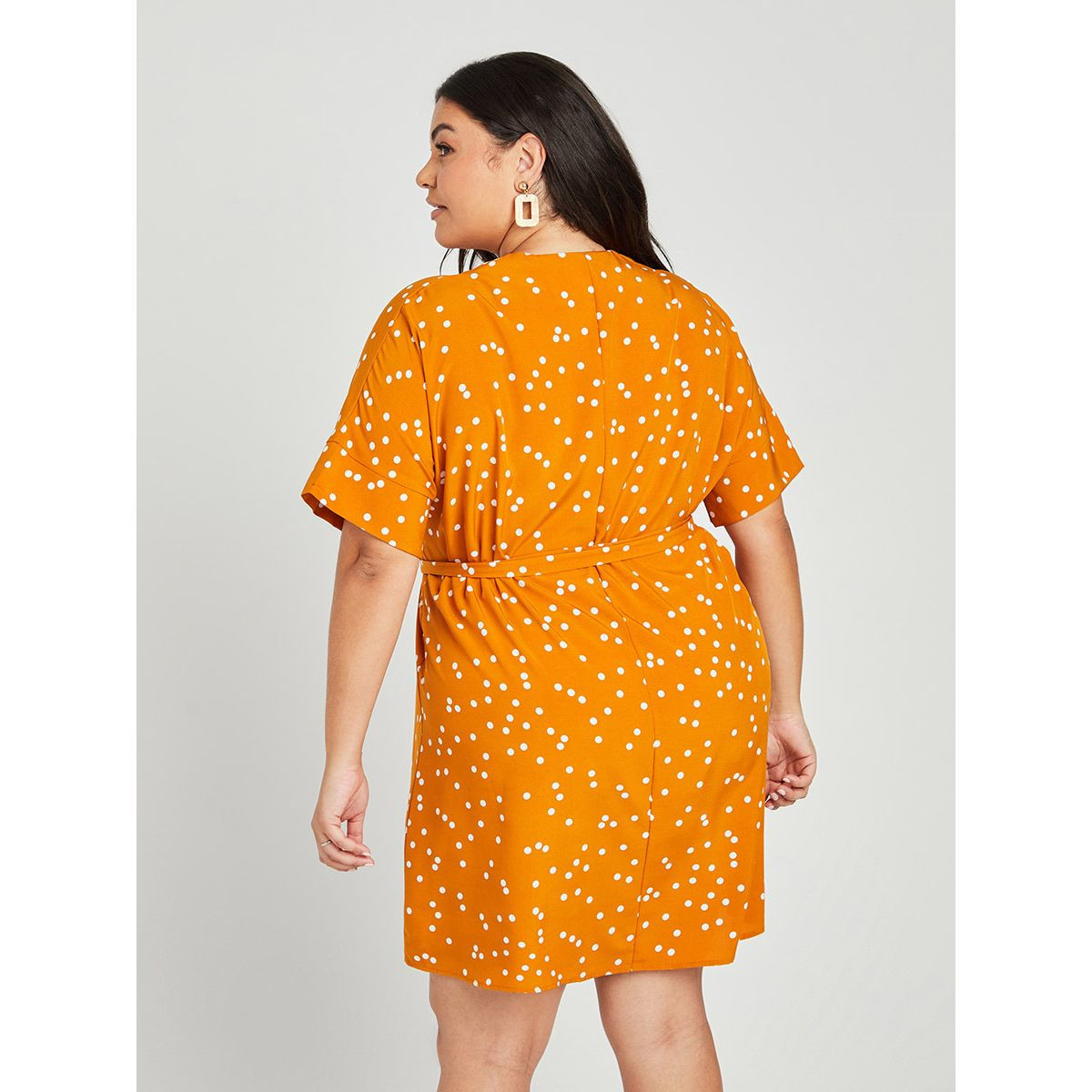 Styli Plus Short Sleeves V Neck Spot Print A Line Mini Dress with Belted-women-clothing-dresses-image-4