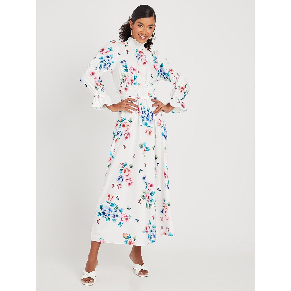 Styli Floral Print Shirred Waist A-Line Maxi Dress-women-clothing-dresses-image-1
