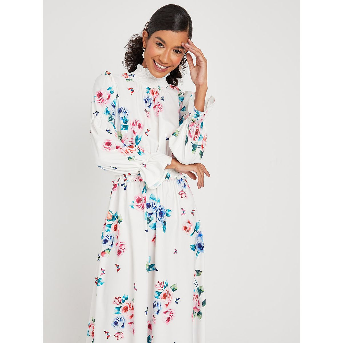 Styli Floral Print Shirred Waist A-Line Maxi Dress-women-clothing-dresses-image-2