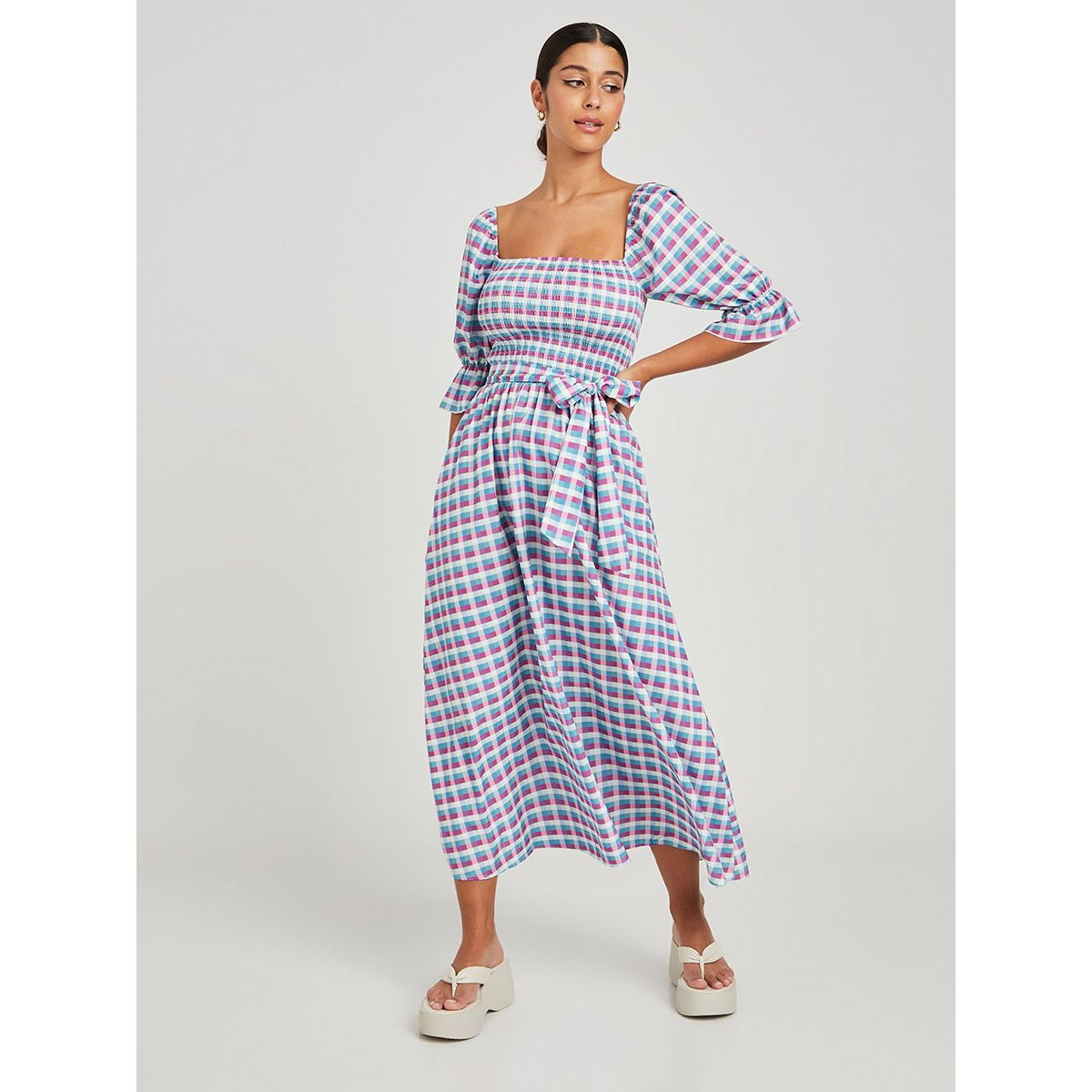 Styli 3/4 Sleeves Gingham Check Print A-Line Maxi Dress with Tie Belt-women-clothing-dresses-image-1