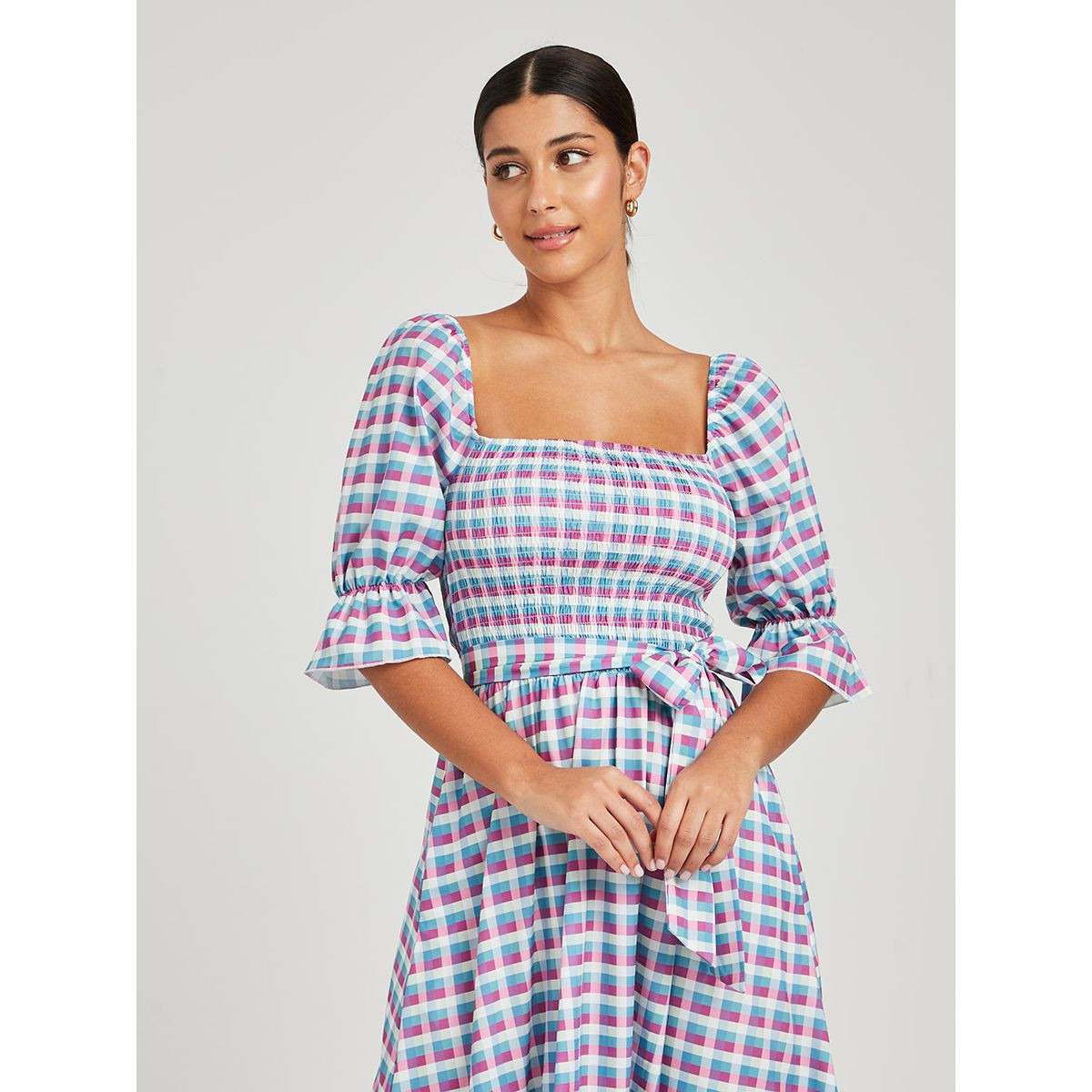 Styli 3/4 Sleeves Gingham Check Print A-Line Maxi Dress with Tie Belt-women-clothing-dresses-image-2