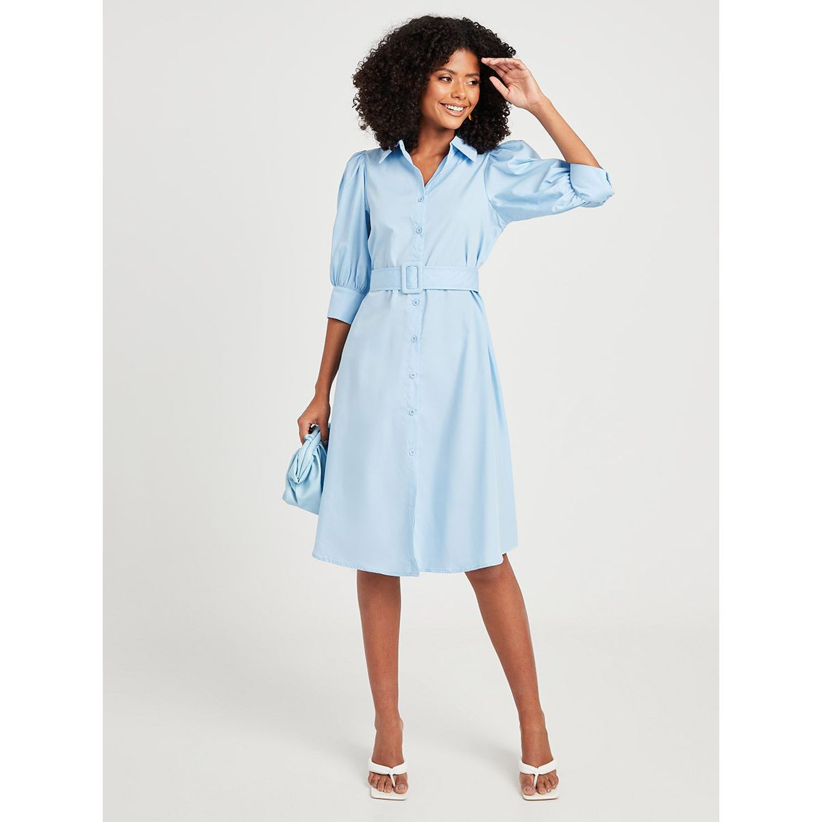 Styli Button Through 3/4 Sleeves A-Line Midi Dress with Self Belt-women-clothing-dresses-image-2