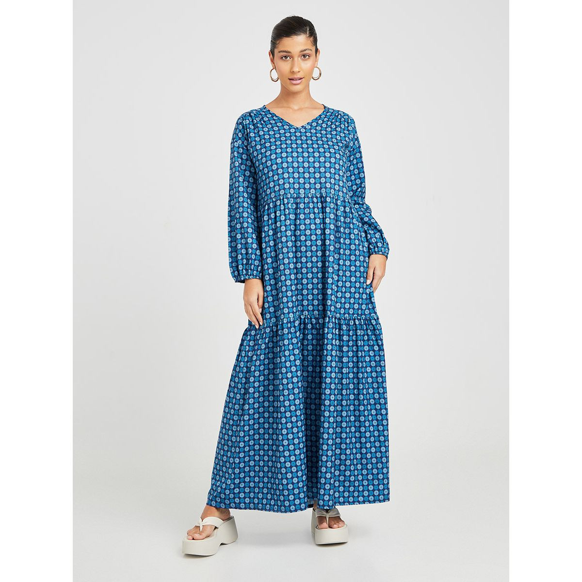 Styli Long Sleeves V Neck AOP Tiered A-Line Maxi Dress-women-clothing-dresses-image-1