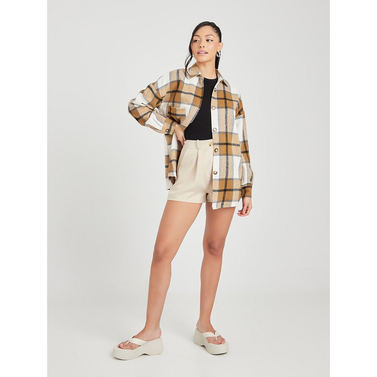 Styli Long Sleeves Checkered Longline Shacket with Patch Pocket-women-winterwear-coatsandjackets-jackets-image-1