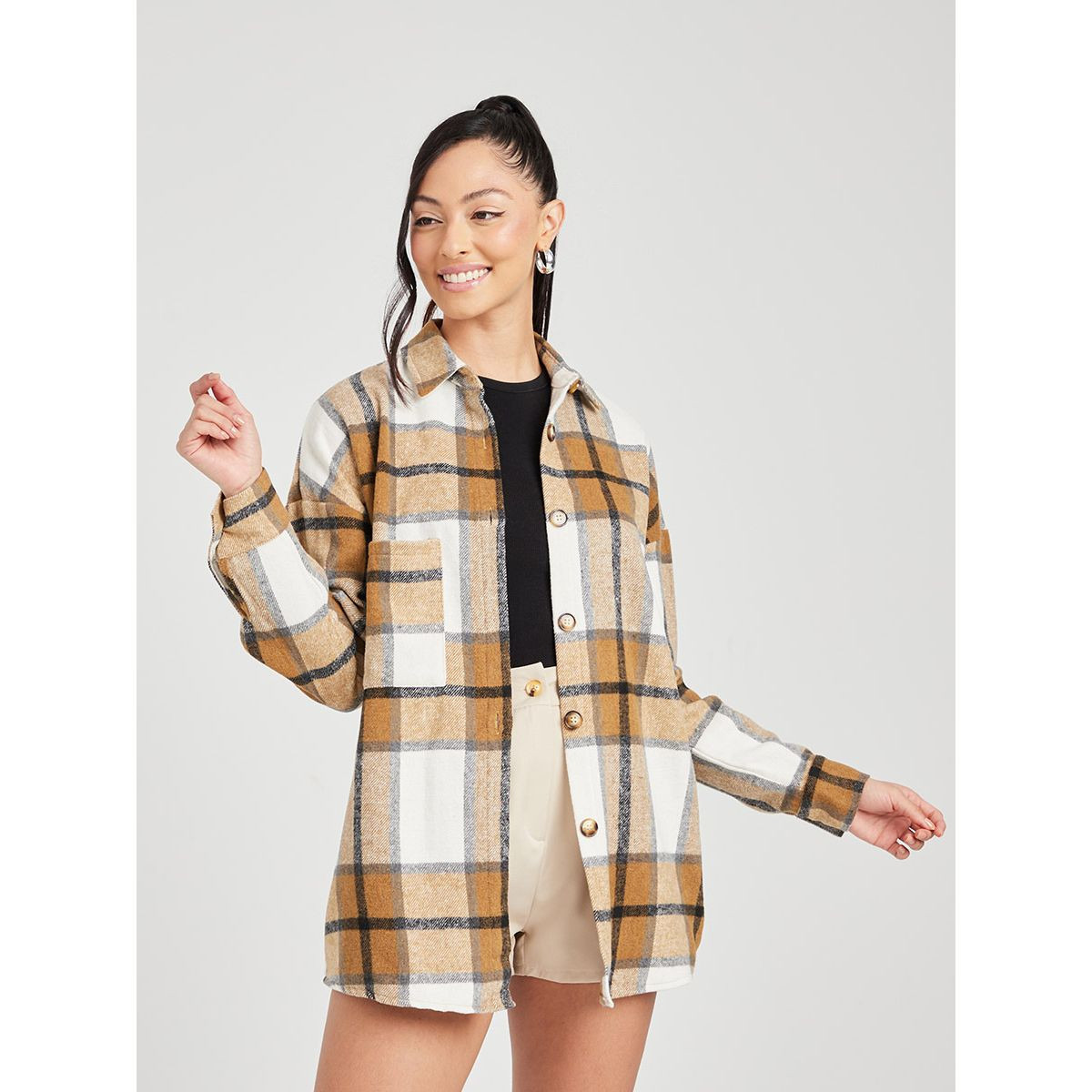 Styli Long Sleeves Checkered Longline Shacket with Patch Pocket-women-winterwear-coatsandjackets-jackets-image-2